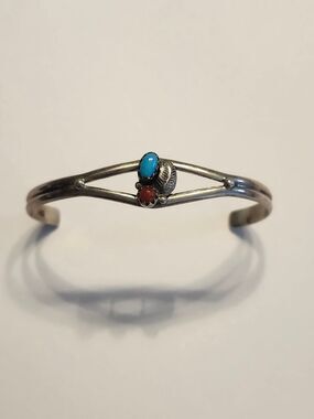 Sterling Silver Turquoise & Coral Cuff Bracelet - Native Style Childs Size